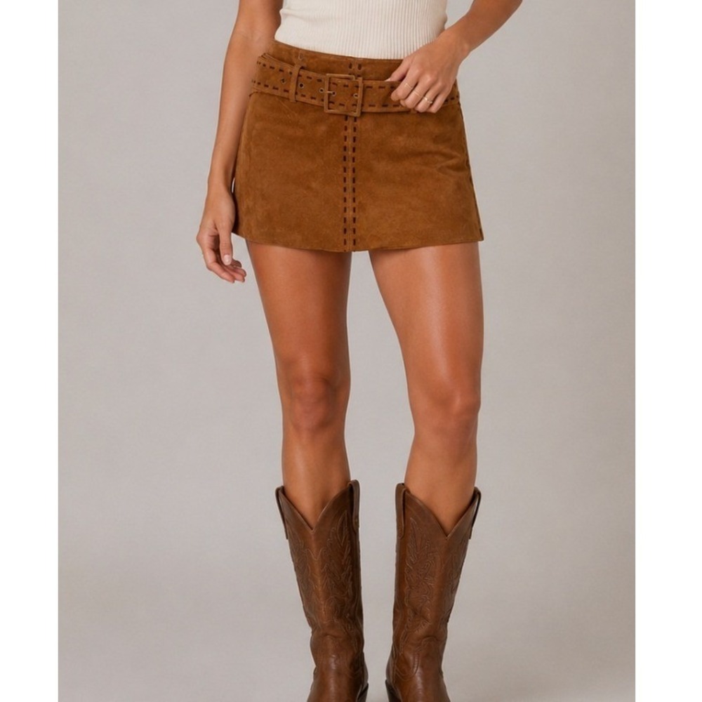 Vtg Limited Too Vintage Tan Brown Genuine Leather Suede Belted‎ Mini Skirt 7J